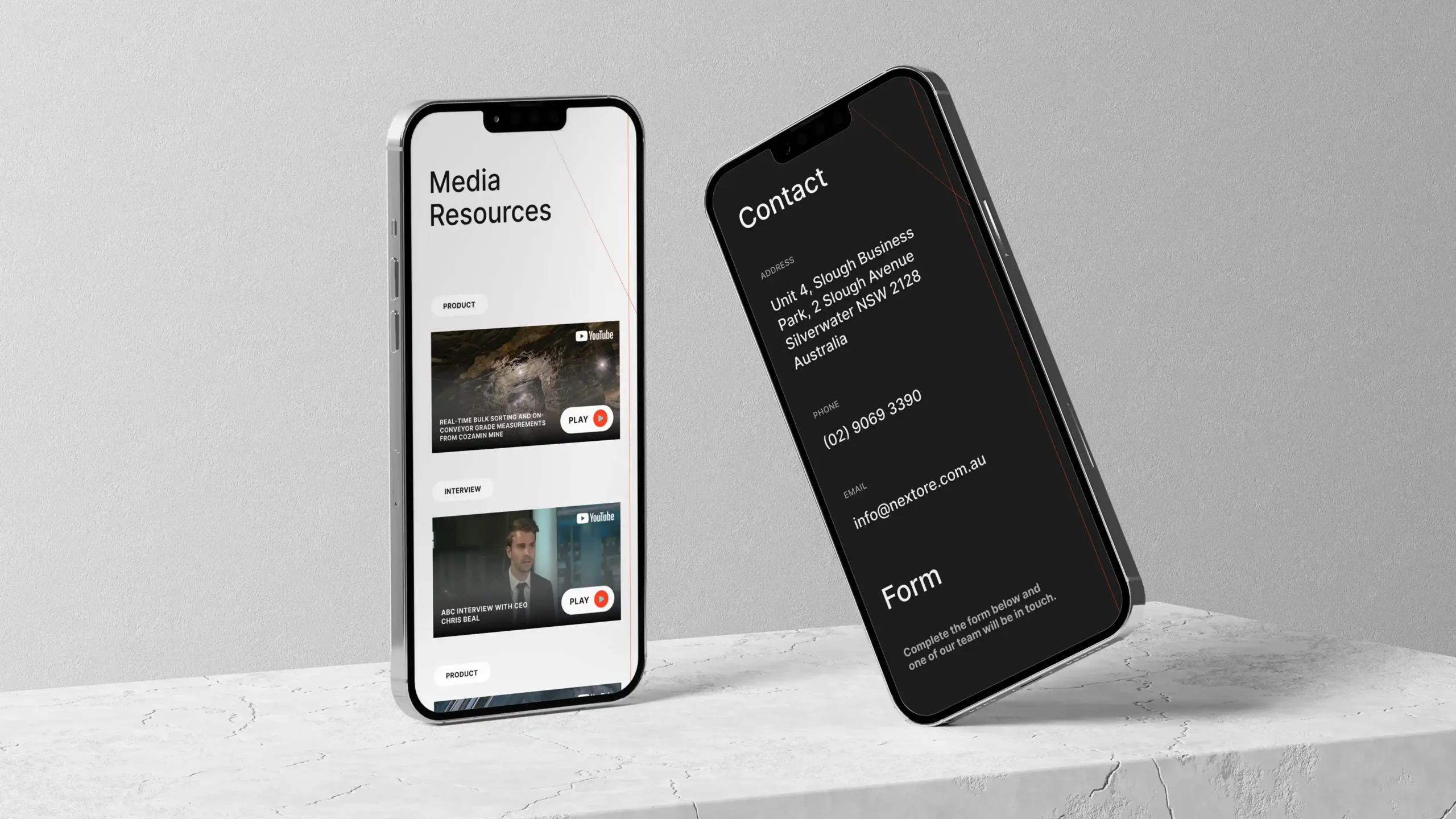 Two smartphones displaying NextOre "Media Resources" with YouTube videos and "Contact" form.